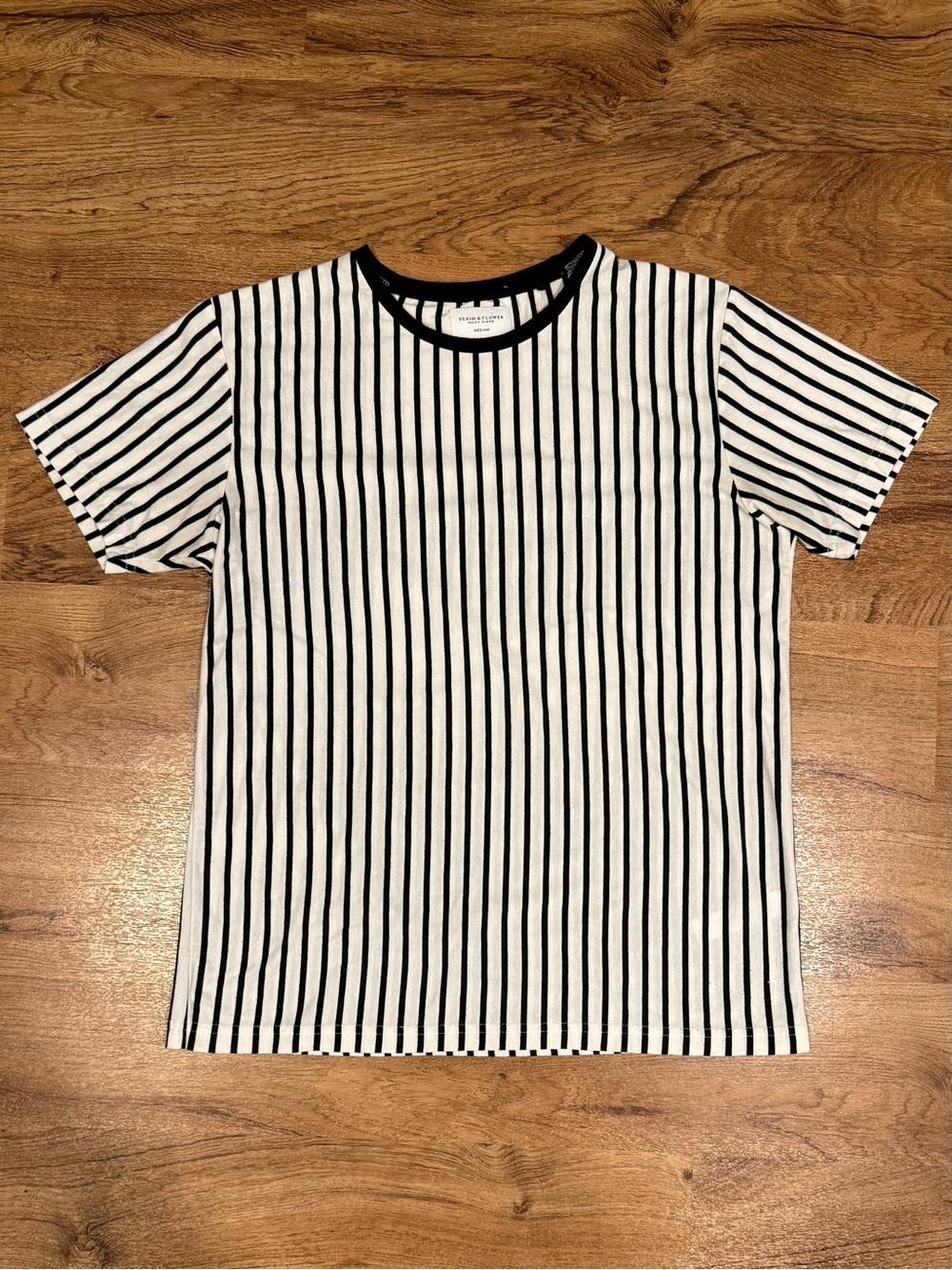 Denim & Flower Black & White Striped Crew Neck Tee, Men's Sz Med